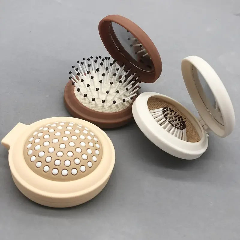 Portable Folding Makeup Mirror with Air Cushion Massage Comb for Travel