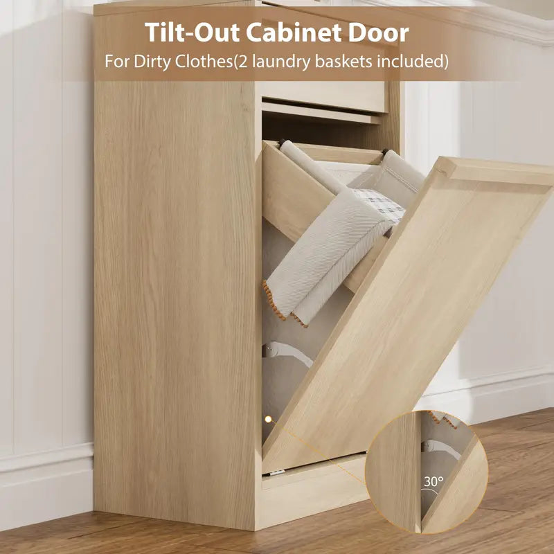 Tilt Out Laundry Hamper Cabinet with Drawer and Removable 10-Gallon Basket