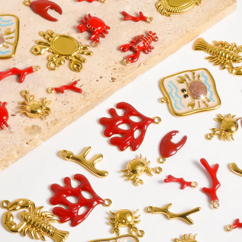 Marine Animal Lobster Crab Coral Fish Pendant Jewelry Set - Handmade Necklace & Earrings 5pcs