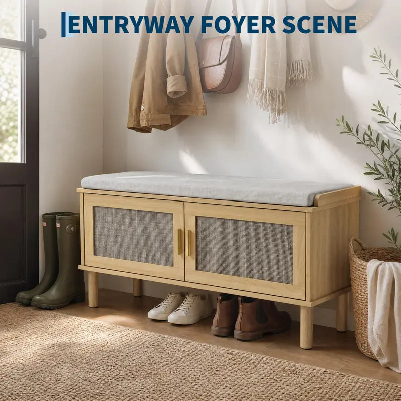 Rattan Shoe Storage Bench with Cushion - Adjustable Shelves & Hidden Organizer