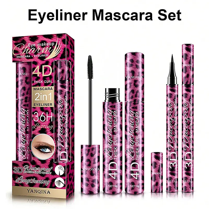 Liquid Eyeliner Pencil & Waterproof Mascara Set - 4D Curling & Eyebrow Pencil