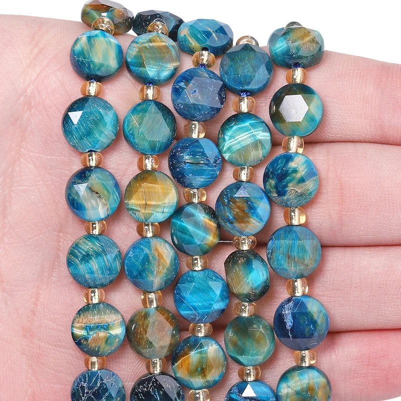 Natural Lake Blue Tiger Eye Beads Faceted Coin Shape Jewelry Making Supplies