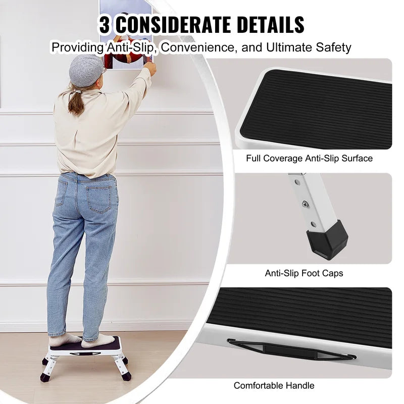 Heavy Duty Adjustable Step Stool - 330 lbs Capacity Non Slip Folding Ladder for Home and Office