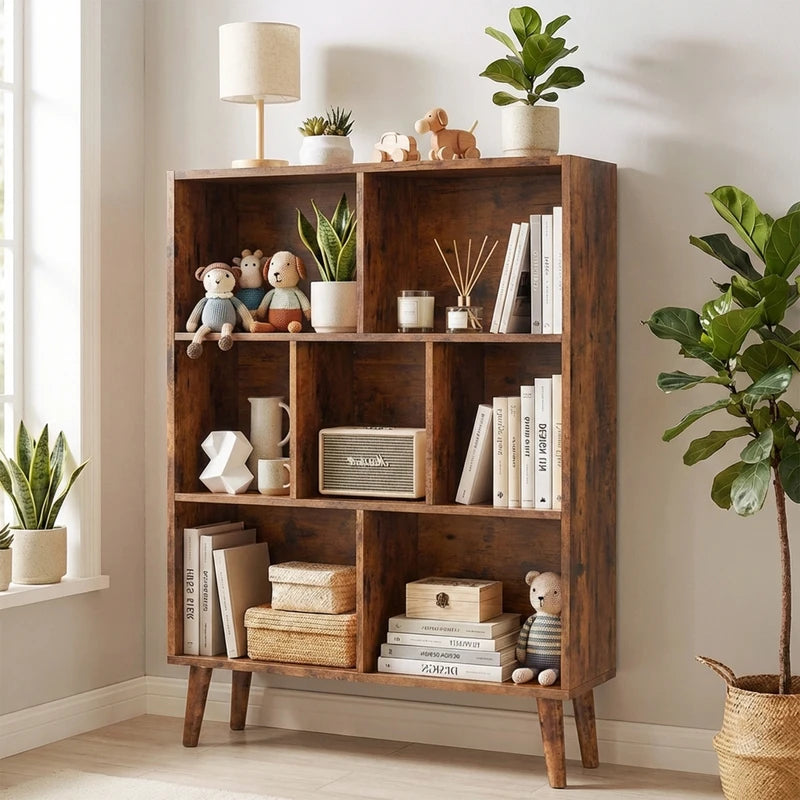 7 Cube Storage Organizer Bookshelf with Legs - Modern Wooden Display Shelf