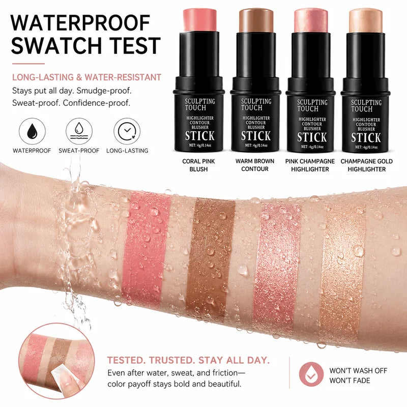 Face Sculpting Makeup Set - Cream Blush, Contour, Highlighter & Sponge