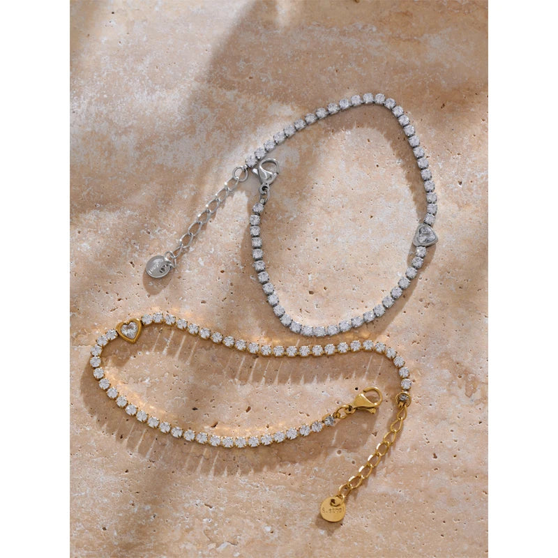 Delicate Heart Chain Bracelet Bangle with Cubic Zirconia Stainless Steel Jewelry