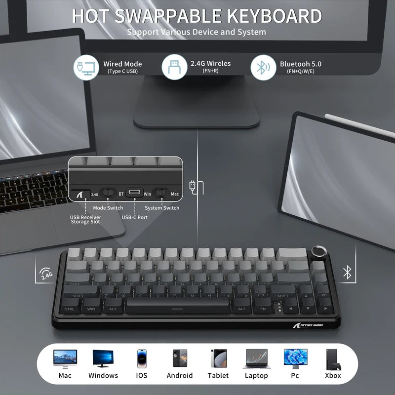 Wireless Mechanical Gaming Keyboard 66 Keys RGB Hot Swap Gasket 60% with Knob