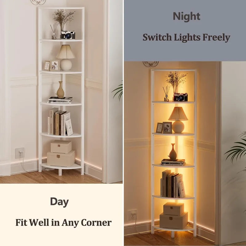 6-Tier Corner Shelf with LED Lights - Tall White Standing Organizer for Home