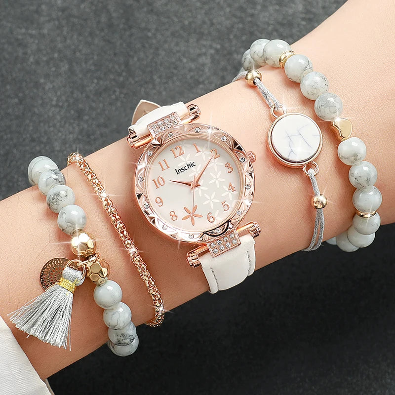 Women’s Fashion Flower Dial Quartz Watch Set with Leather Bands and Bracelets