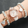 Women’s Fashion Flower Dial Quartz Watch Set with Leather Bands and Bracelets