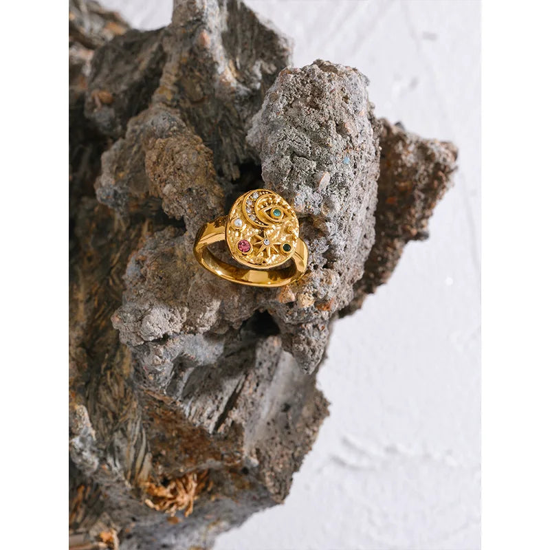 Colorful CZ Star Moon Eye Charm Ring - Celestial Jewelry for Women
