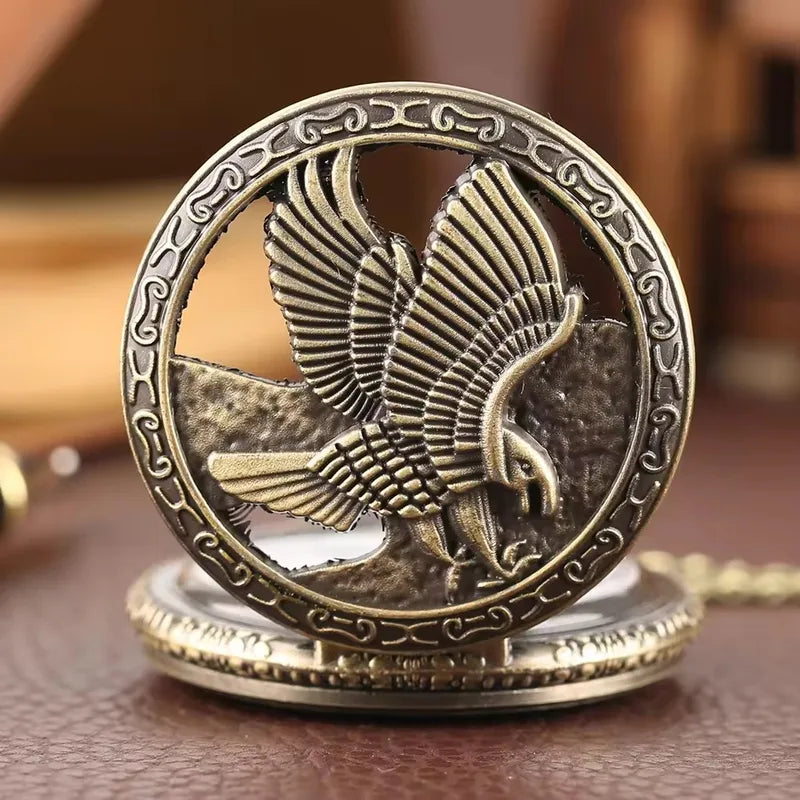 Vintage Steampunk Eagle Pendant Necklace with Bronze Metal Pocket Watch and Chain