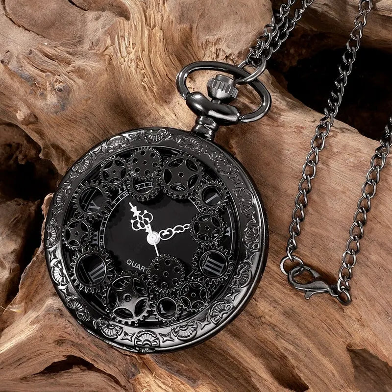 Vintage Steampunk Copper Hollow Gear Pocket Watch Necklace Pendant Chain Men Women Gift