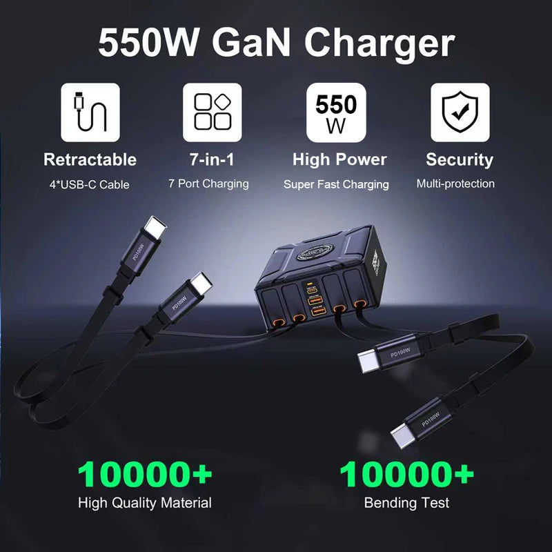 7-in-1 Charging Station with 550W GaN Fast Charger & Retractable USB C Cable