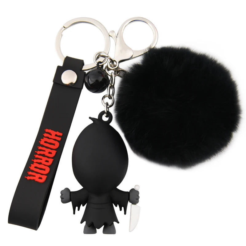 Creepy-Cute Ghost Keychain with Black Fur Ball Gothic Charm Halloween Accessory