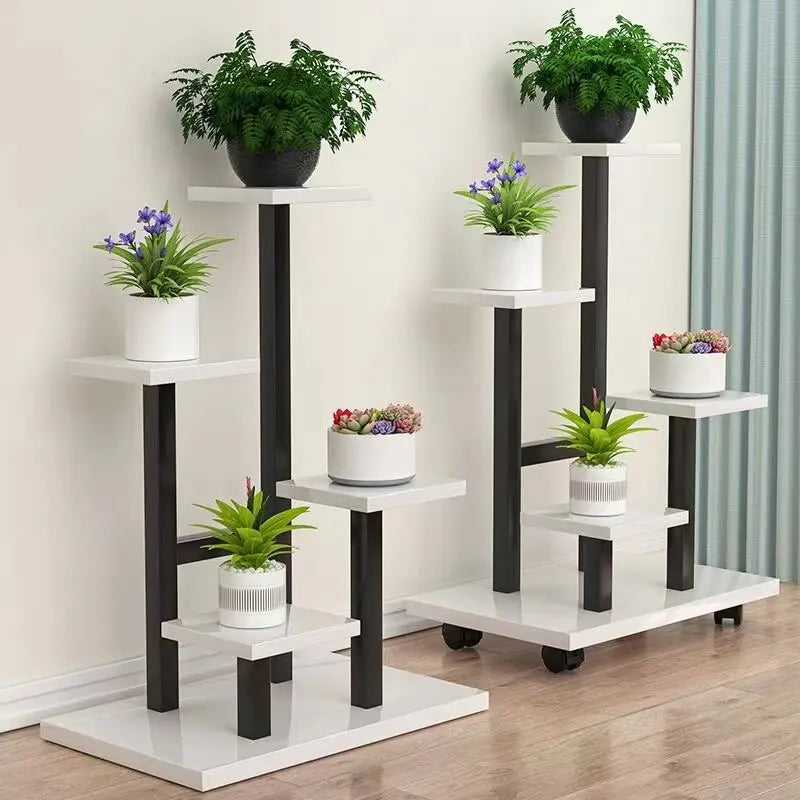 Heavy Duty Multi-Tier Iron Plant Stand with Wheels - Indoor & Outdoor Gardening
