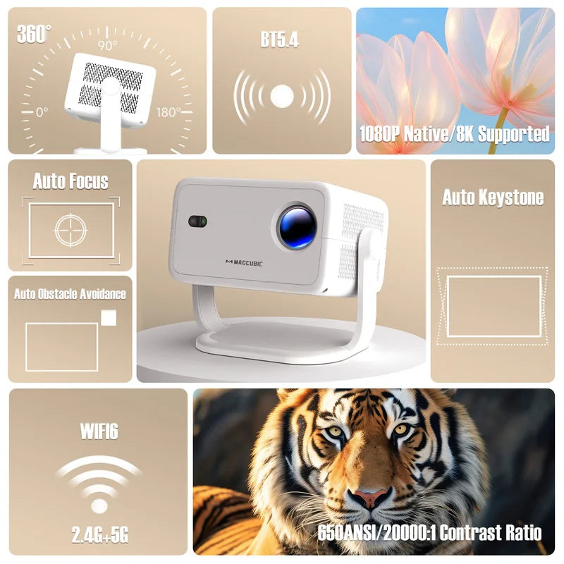 Portable 1080P 8K Supported Projector with Auto Keystone Wifi6 Bluetooth 5.4 Outdoor Movie