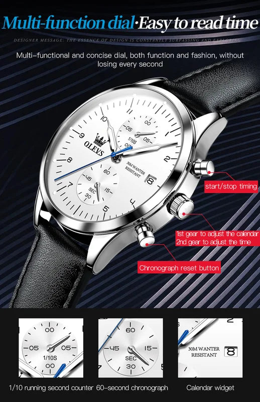 Men's Luxury Leather Strap Quartz Watch Waterproof Business Timepiece