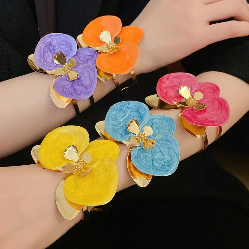 Multicolor Large Dripping Oil Orchid Flower Bangles - Statement Unisex Jewelry
