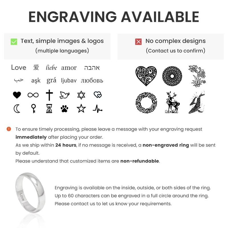 Custom Engrave Sterling Silver Ring for Women and Men - Wedding & Couple Band