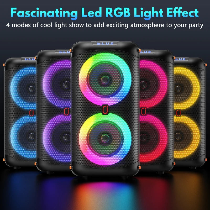 Wireless Bluetooth Karaoke Speaker with 2 Microphones, LED Lights, TWS Stereo, 24H Battery