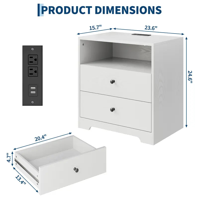 Set of 2 Nightstands with Charging Stations - Modern Wood End Tables for Bedroom & Living Room
