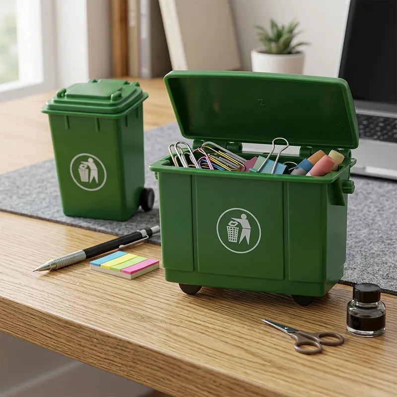 Mini Green Desktop Storage Bin Set - Portable Office Organizer & Trash Containers
