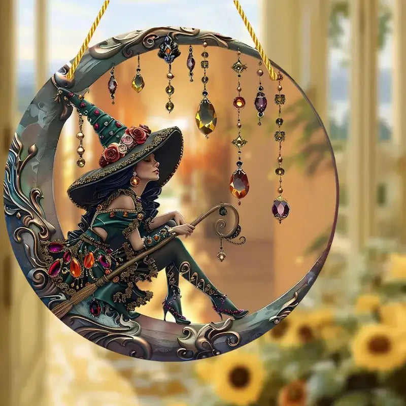 8x8 Inch Moonlight Witch Stained Glass Window Hanging Sun Catcher Wall Art