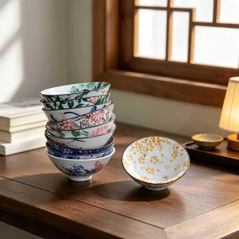 Ceramic Tea Tasting Bowls Set - Vintage Blue and White Porcelain 10 Pcs Gift Box