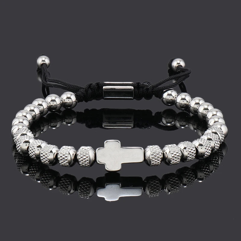 Unisex Stainless Steel Cross Charm Bracelet for Women Men Beaded Jewelry Gift
