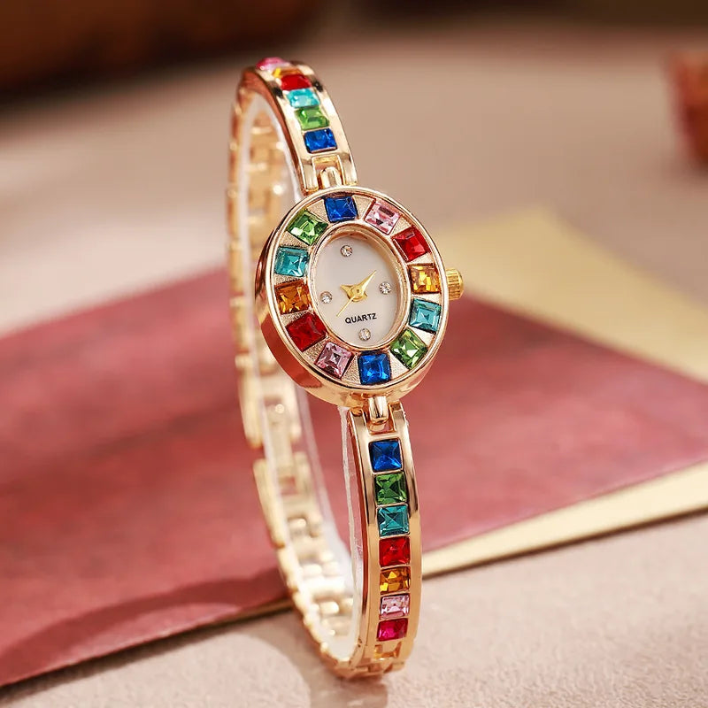 Women's Quartz Watch with Colorful Diamond Bracelet - Elegant & Fashionable