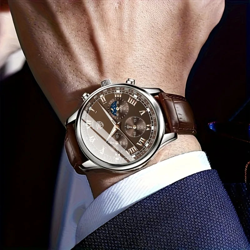 Men's Luxury Business PU Leather Round Dial Quartz Watch - Multiple Colors
