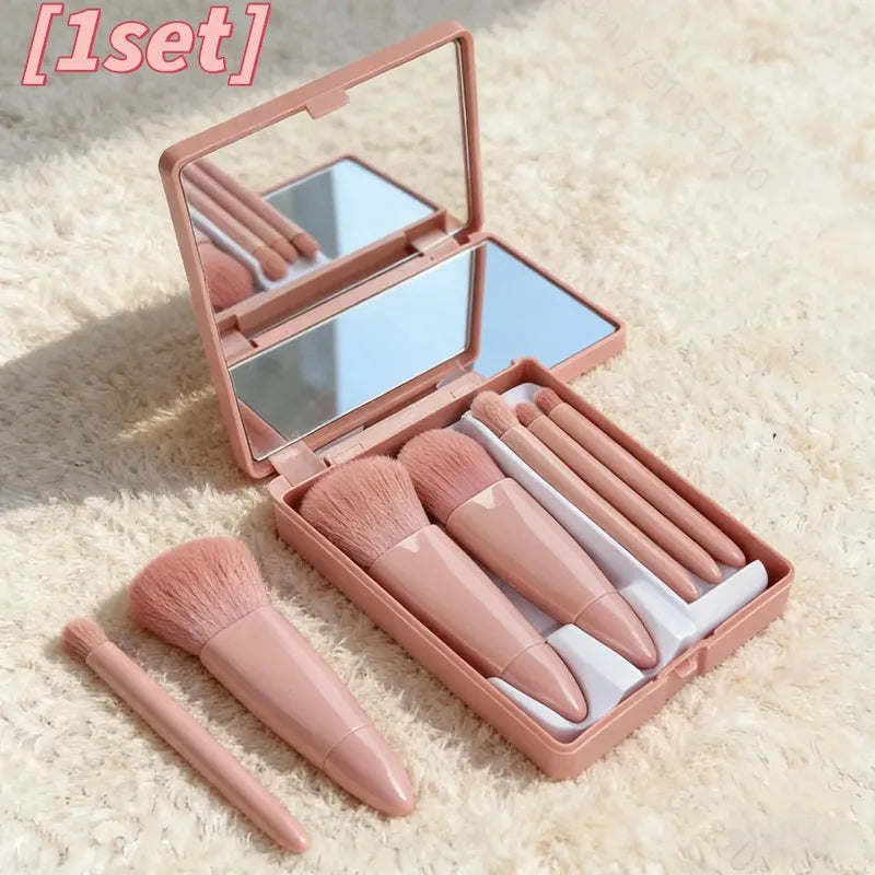 Pink Makeup Brush Set with Mirror Compact - 5 Soft Bristles for Face & Eye Makeup