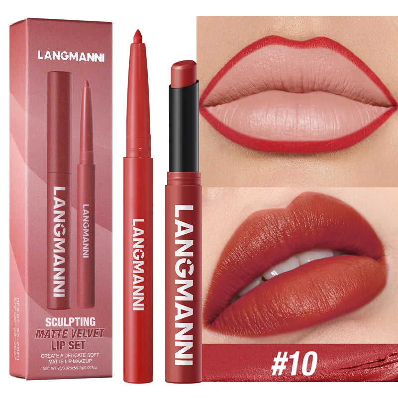 2Pcs Matte Lipstick & Lip Liner Set Long-Lasting Waterproof Lip Makeup