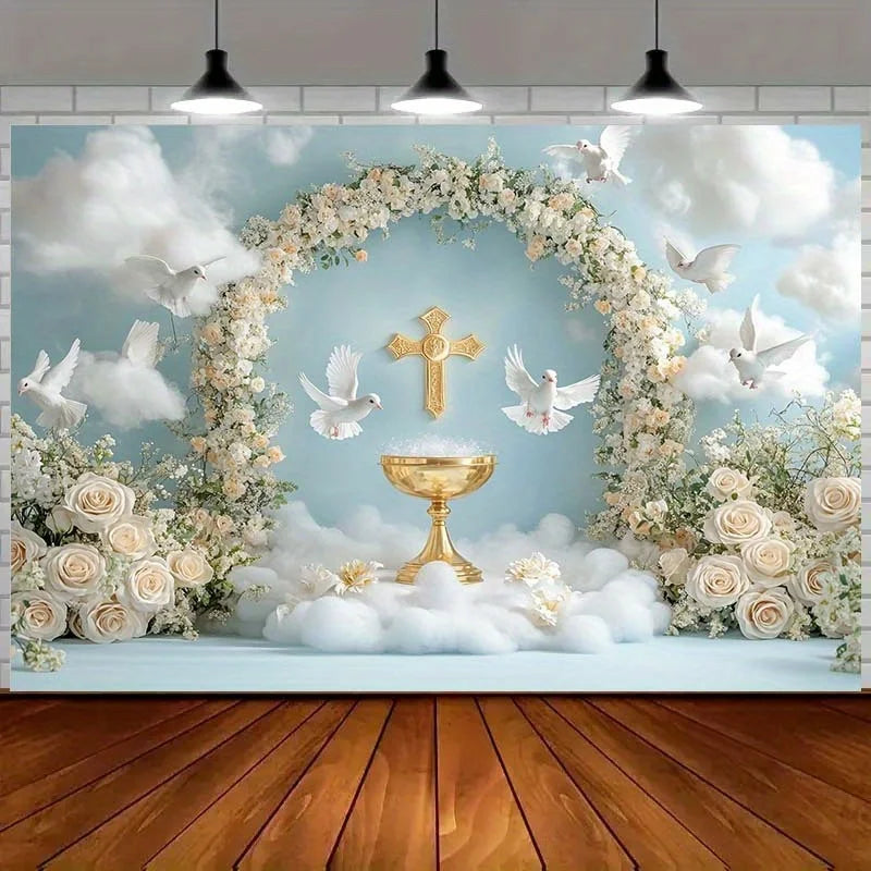 2D Wedding Banner with Golden Chalice, White Dove & Floral Arch - Party Decoration