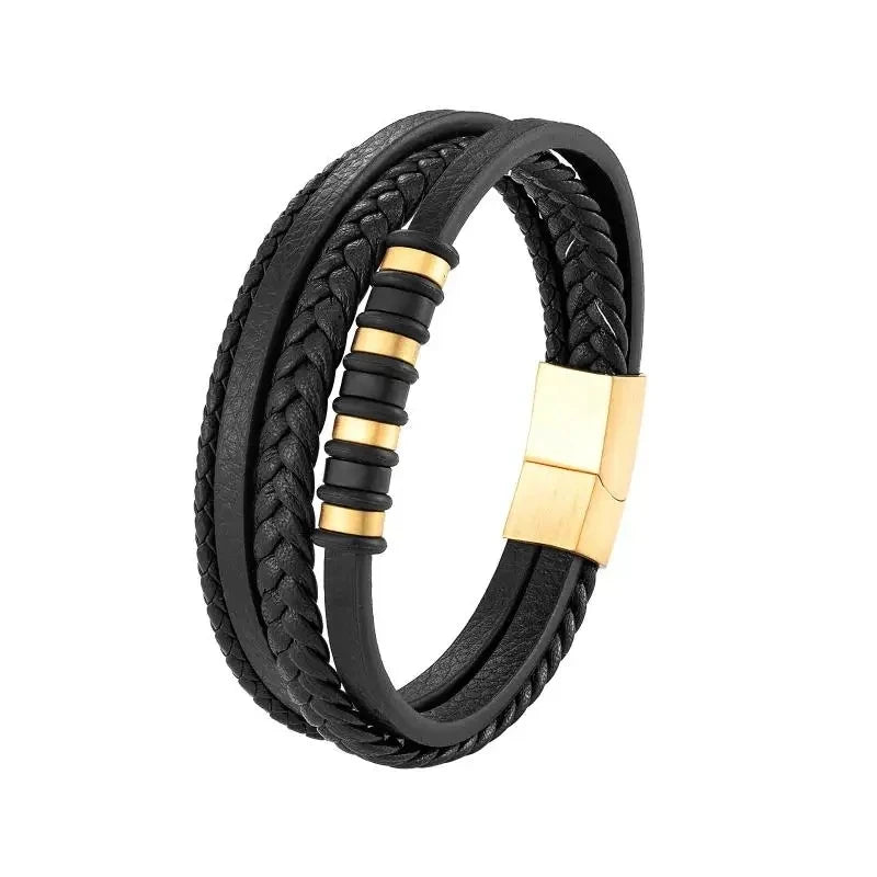 Multi-Layer Leather Bracelet with Magnetic Clasp Men’s Fashion Wrist Jewelry Casual Business Accessory