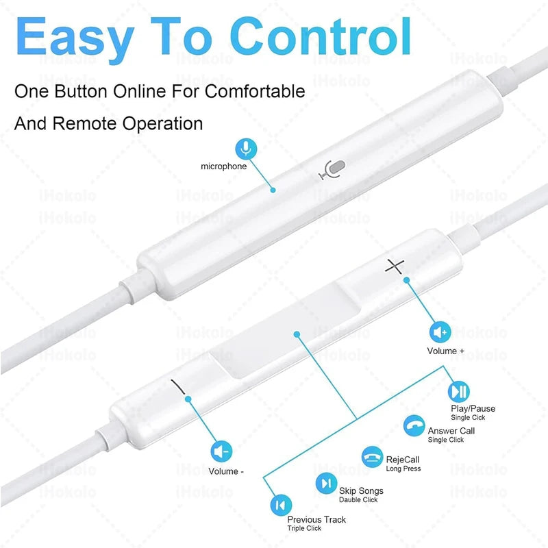 Wired Earphones for iPhone & iPad - In-Ear Headbuds with Lightning, USB-C & 3.5mm
