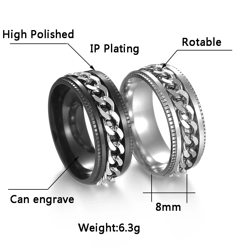 Stainless Steel Rotatable Chain Men & Women Ring with Roman Numerals - High-Quality Punk Jewelry