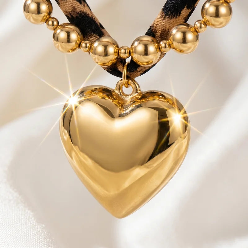 Leopard Print Choker Necklace Set with Heart Pendant and Gold Ball Chain for Festivals & Parties
