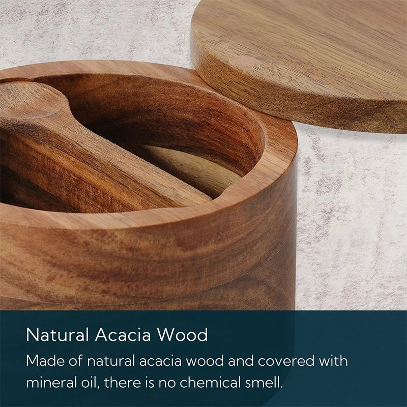 Acacia Wood Salt and Pepper Bowl Set with 360° Swivel Lid and Spoon - Kitchen Seasoning Container