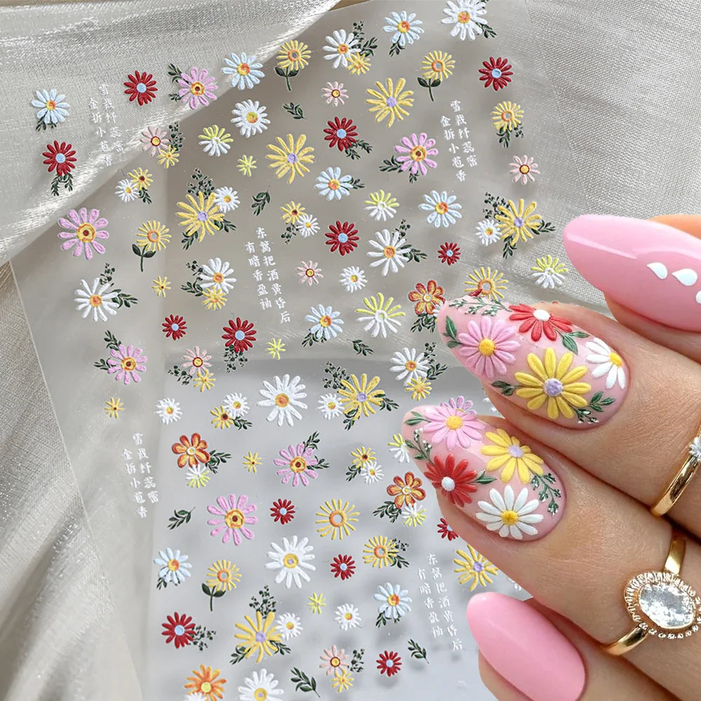 Cute Bee Daisy Flower Nail Art Stickers - 5D Embossed DIY Manicure Decals
