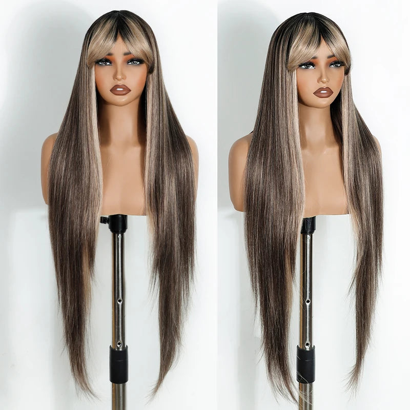 Synthetic Cosplay Wig with Bangs for Women - Long Straight Heat-Resistant Fiber