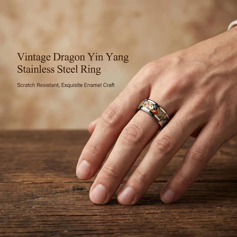 Men's Stainless Steel Yin Yang Dragon Pattern Ring - Wedding Party Jewelry