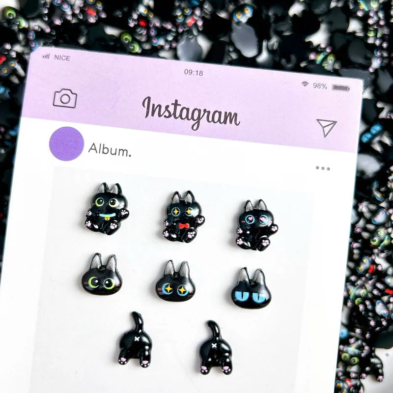 30PCS Kawaii Black Cat Resin Nail Charms Luminous Nail Art Decorations