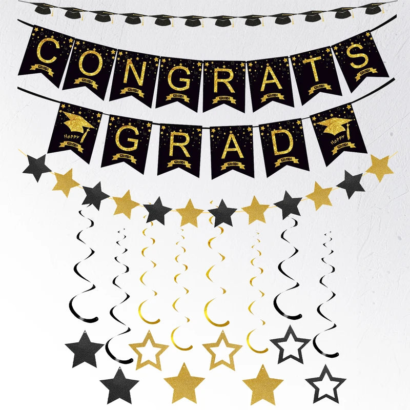 Graduation Hat Star Banner Hanging Decorations - Black Gold Party Ornaments