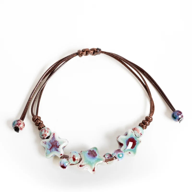 Adjustable Ceramic Bracelet with Star Beads - Handmade Dainty Jewelry