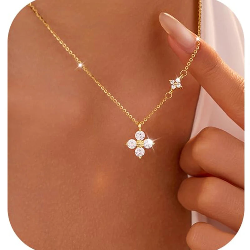 925 Silver Plated Lucky CZ Necklace for Women Dainty Clover Pendant Jewelry