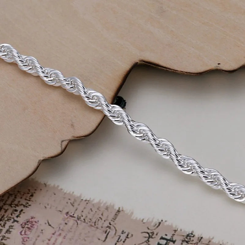 Silver Plated Twisted Rope Bracelet for Women & Men - 8 Inch Jewelry Chain