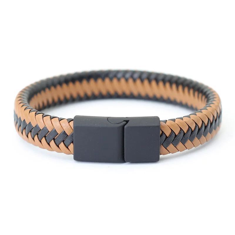 Men's Leather Bracelet Bangle with Magnetic Clasp - Black Braided Punk Style, Gift for Him