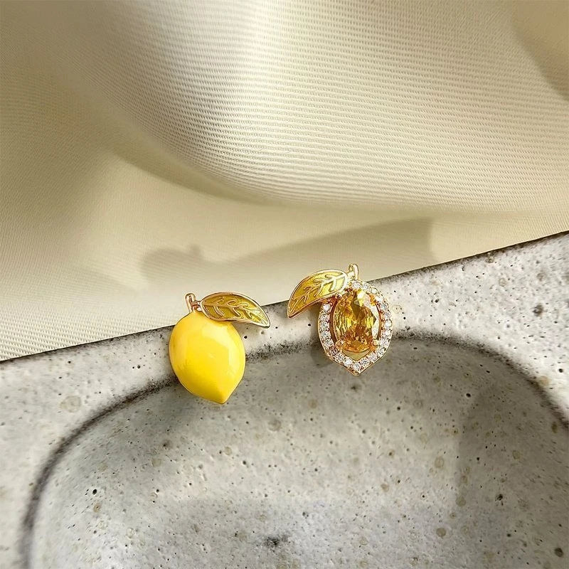 Summer Fruit Zircon Stud Earrings for Women - Cute Lemon Design Party Jewelry